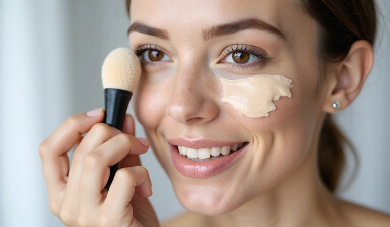 Woman applying makeup over cream