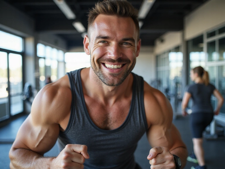 A man smiling confidently while working out at a gym, symbolizing energy and vitality gained from good health. Bright, dynamic lighting. No text.