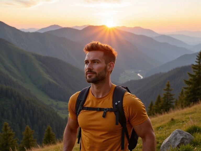 A healthy man hiking in a serene mountain landscape, reflecting vitality and natural strength.